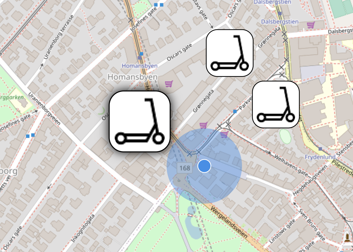 Map og nearby electric scooters